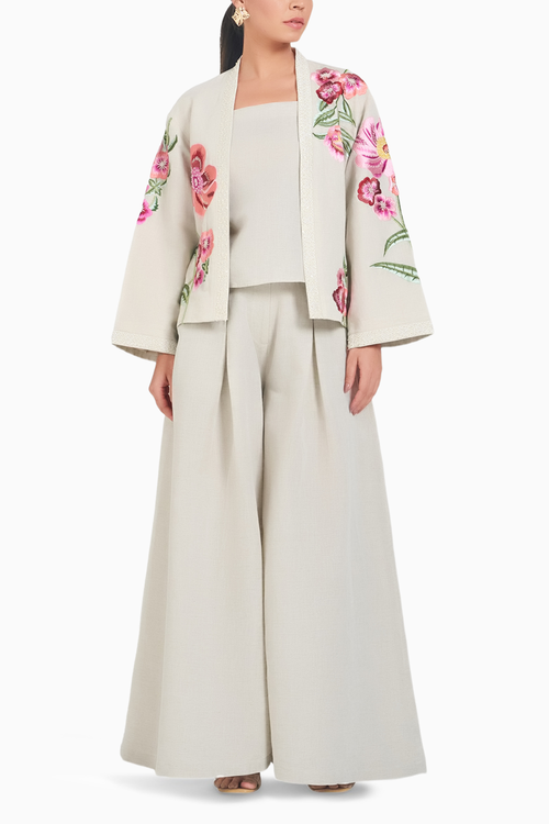 Beige Linen Embroidered Floral Jacket with Spaghetti and Pant