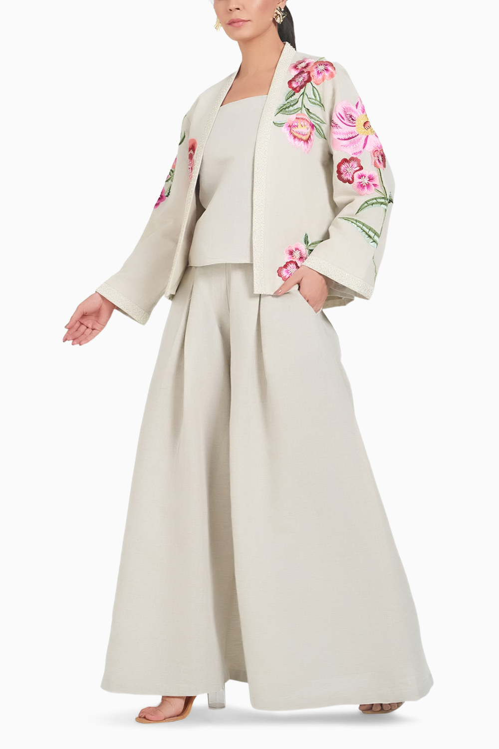 Beige Linen Embroidered Floral Jacket with Spaghetti and Pant