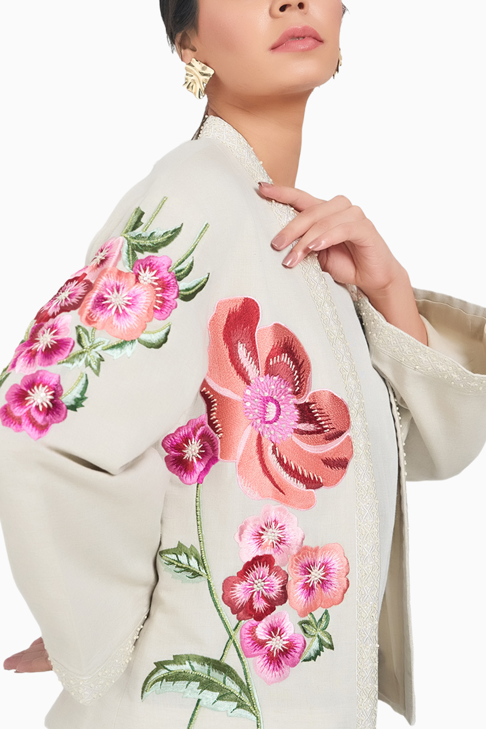 Beige Linen Embroidered Floral Jacket with Spaghetti and Pant