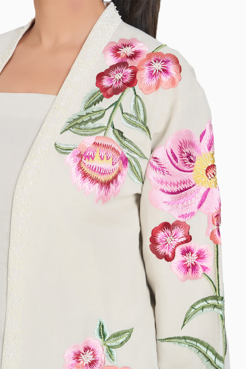 Beige Linen Embroidered Floral Jacket