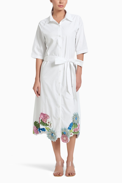 White 3D Flower Embroidered Shirt Dress