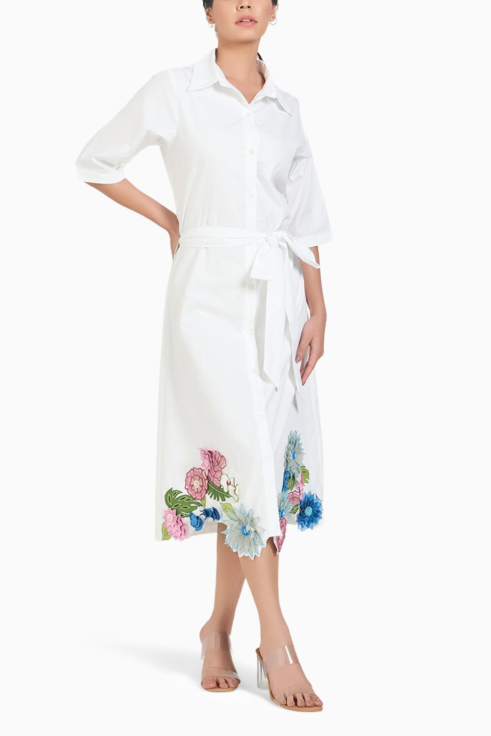 White 3D Flower Embroidered Shirt Dress