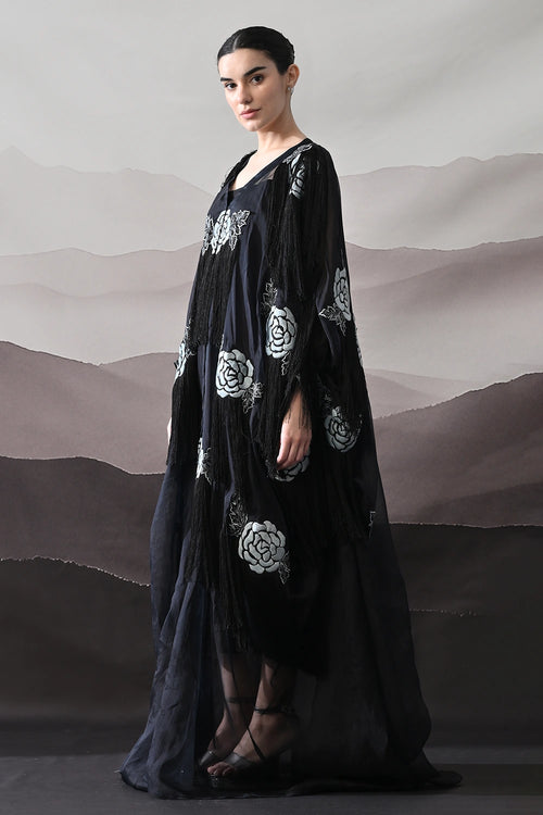 Black Kaftan With Hand-Embroidered Floral Motifs