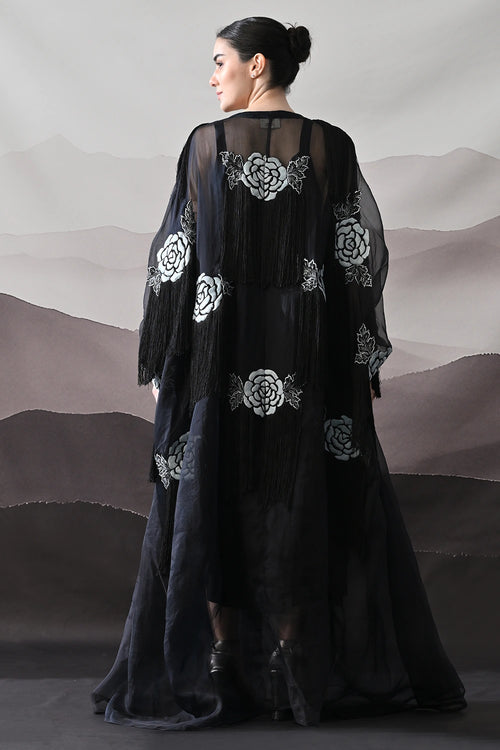 Black Kaftan With Hand-Embroidered Floral Motifs