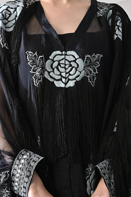 Black Kaftan With Hand-Embroidered Floral Motifs