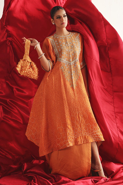 Mandarin Bandhani Long Kaftan Kurta With Marodiwork & Skirt