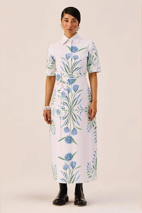 Blue-Green Botanical Print Midi Dress