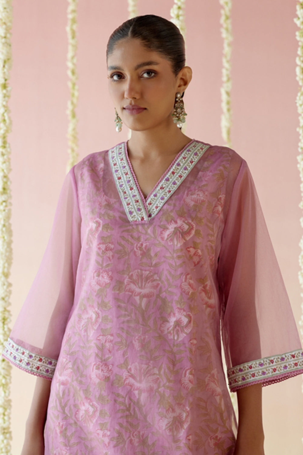 Mulberry Pink Kurta with Blockprinted Slip and Flared Pants