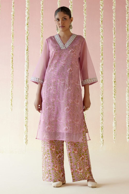 Mulberry Pink Kurta with Blockprinted Slip and Flared Pants