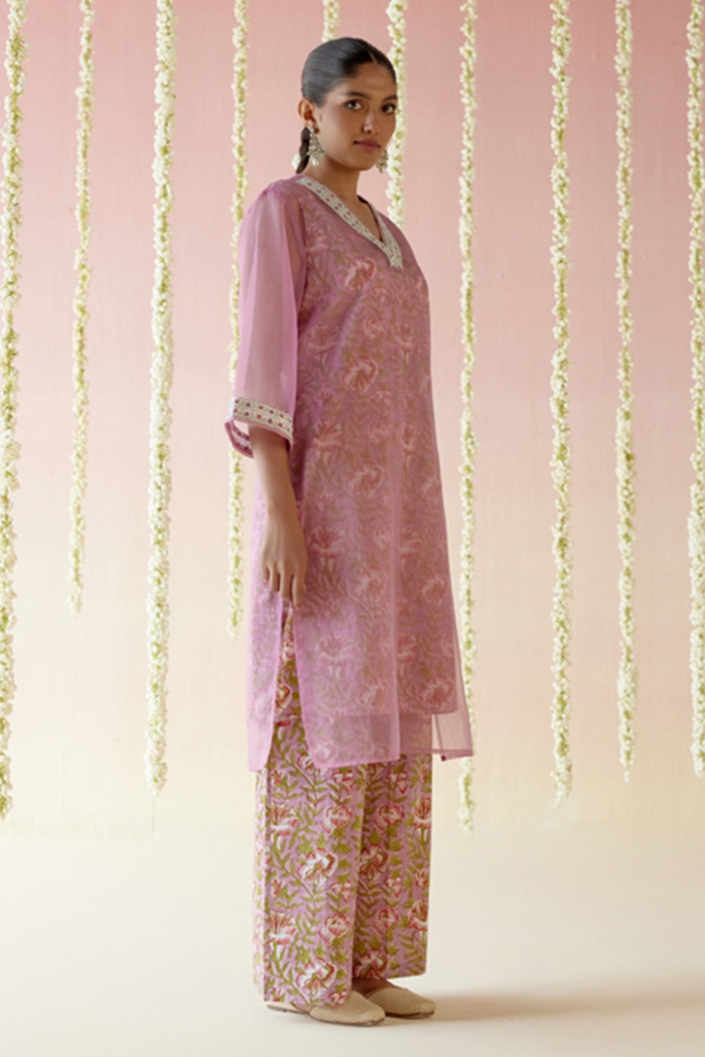 Mulberry Pink Kurta with Blockprinted Slip and Flared Pants