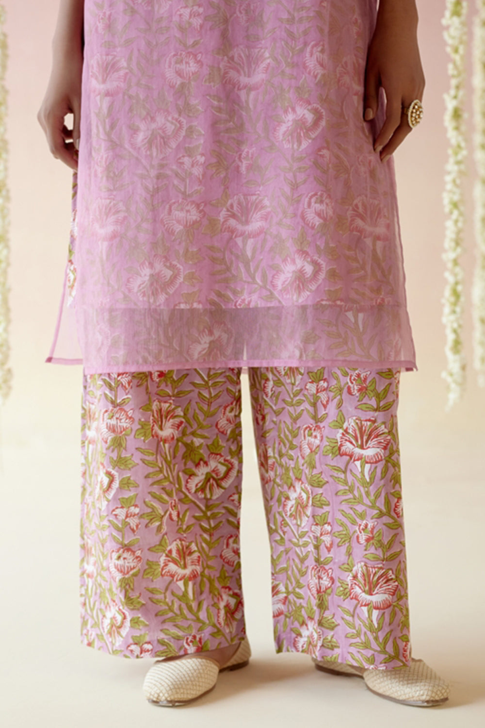 Mulberry Pink Kurta with Blockprinted Slip and Flared Pants