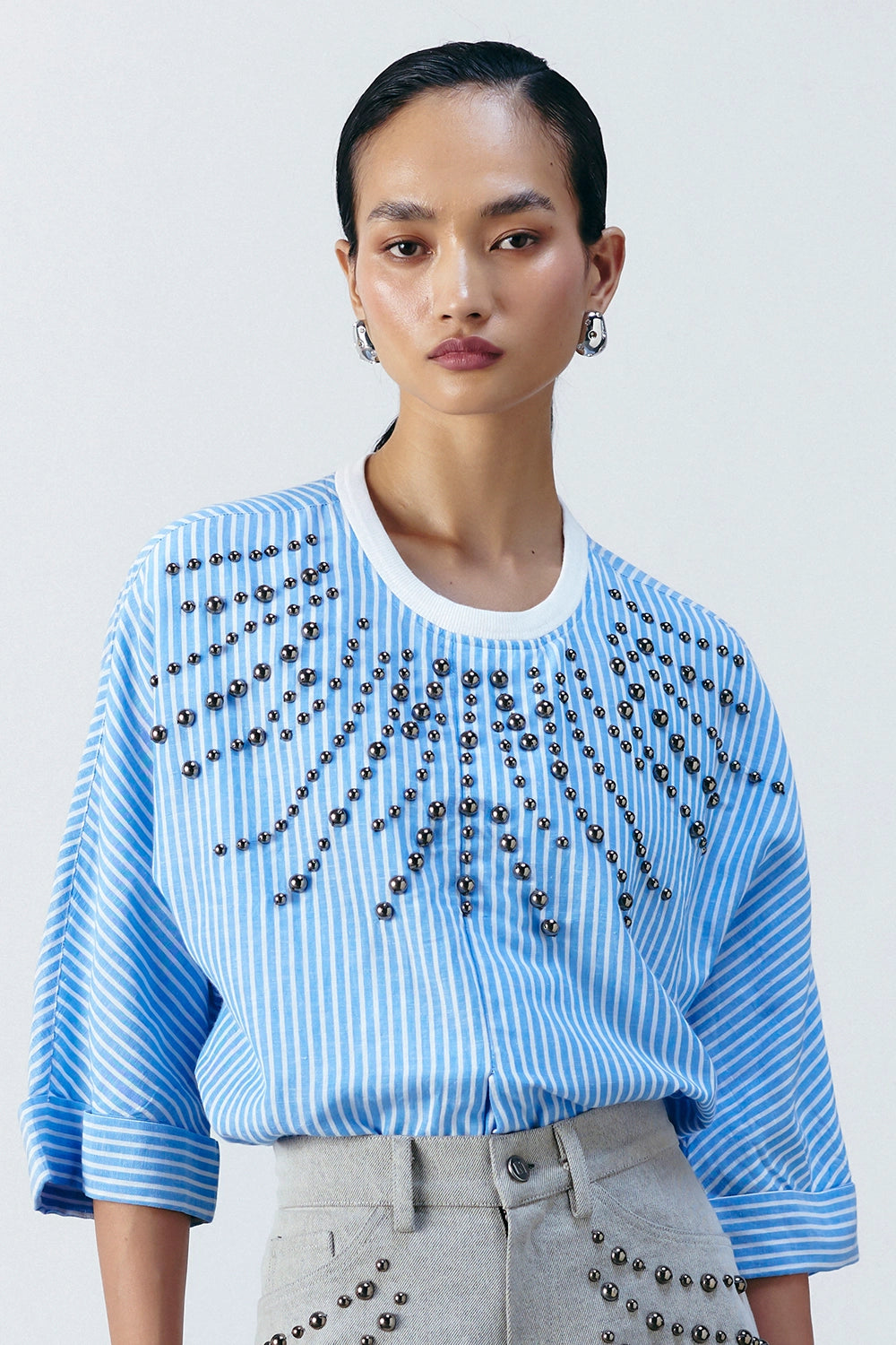 White Stripe Sunray Studded Top