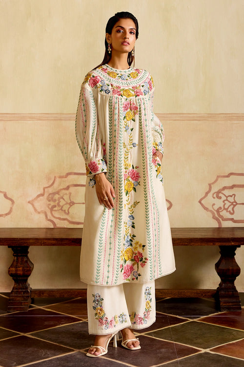 Ivory Floral Stripe Yoke Detail Kurta with Cutwork Pants