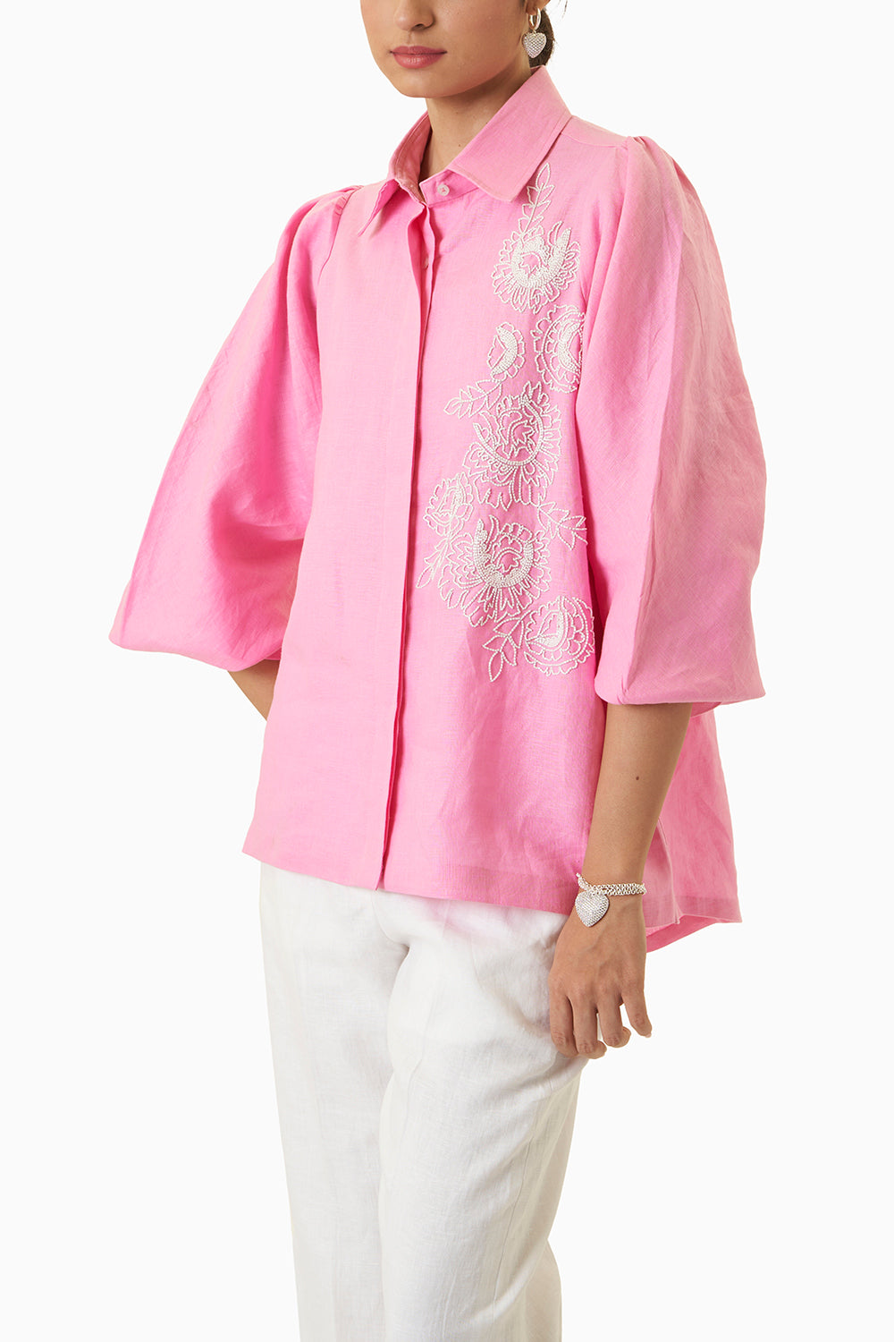 Pink Rose Embroidered Shirt