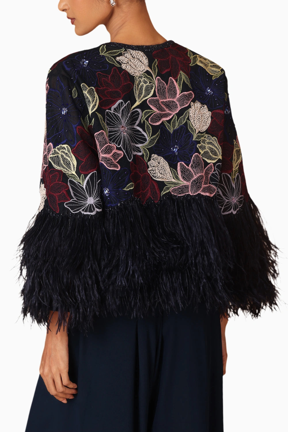 Midnight Blue Embroidered Feather Jacket With Cropped Jumpsuit