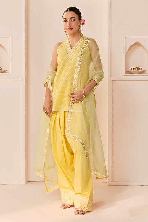 Miral Lemon Yellow Short Kurta with Farsi Salwar and Dupatta