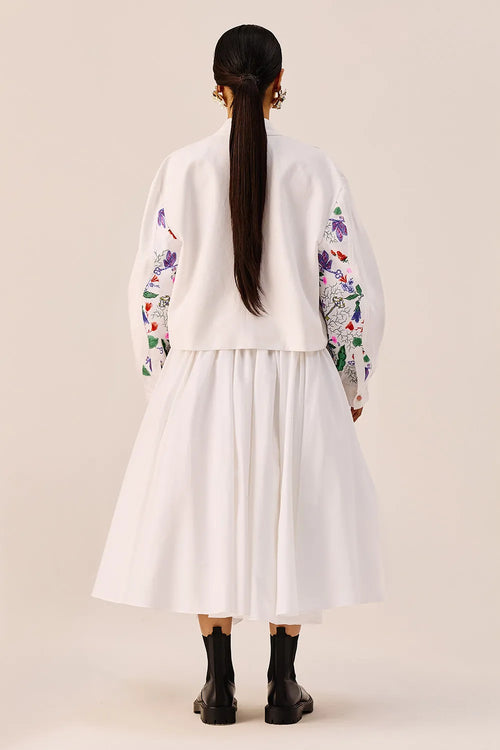White Floral Jacket And Midi Skirt Set