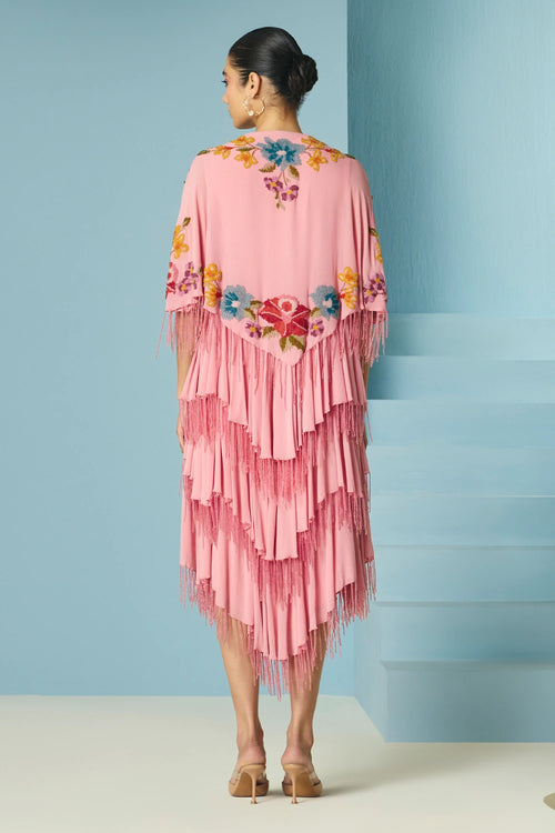 Pink Floral Beadwork Tiered Dress