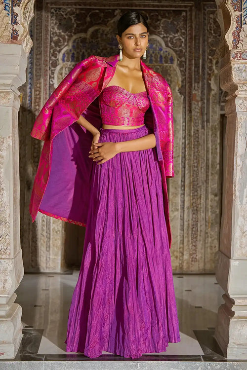 Fuschia Pink Benares Silk Brocade Bralette and Orchid Crushed Skirt