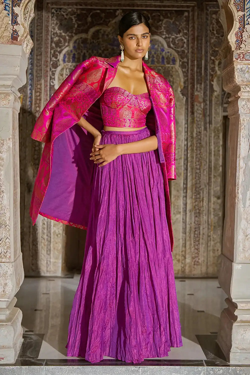 Fuschia Silk Brocade Jacket with Tissue Bralette and Orchid Crushed Skirt
