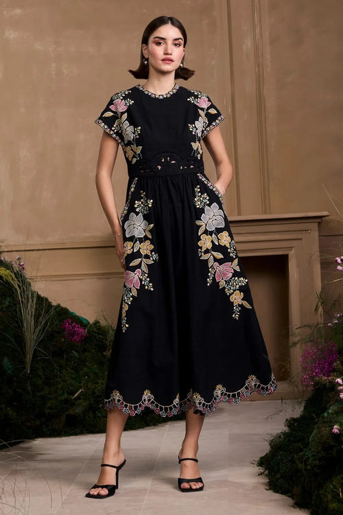 Black Floral Embroidered Midi Dress