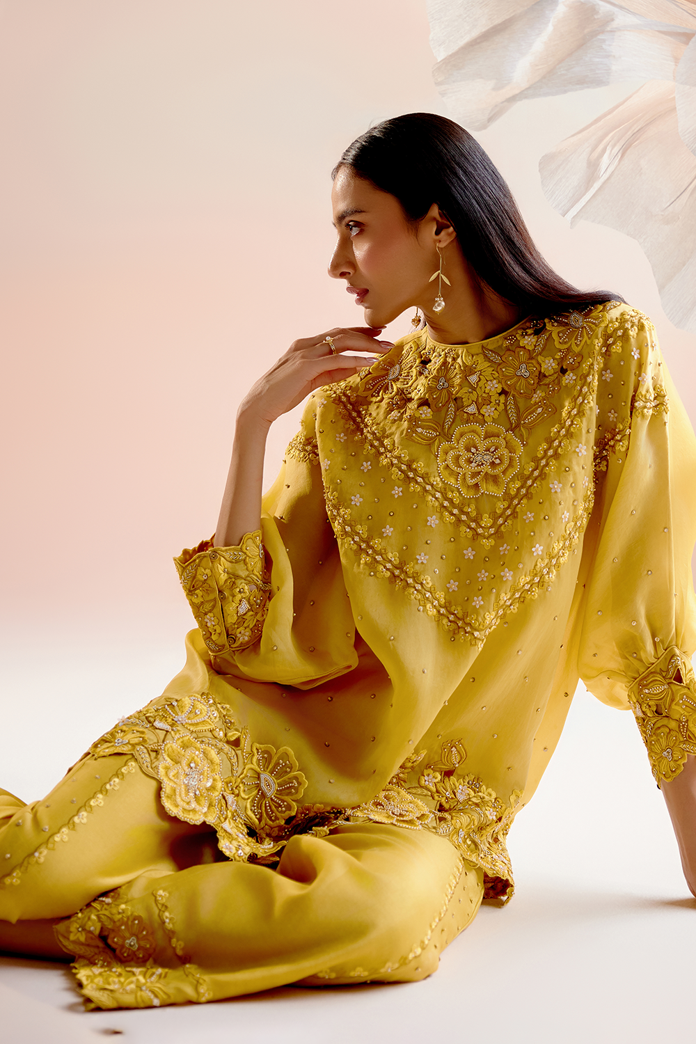 Yellow Multi Tonal Cutwork Kimono and Pant