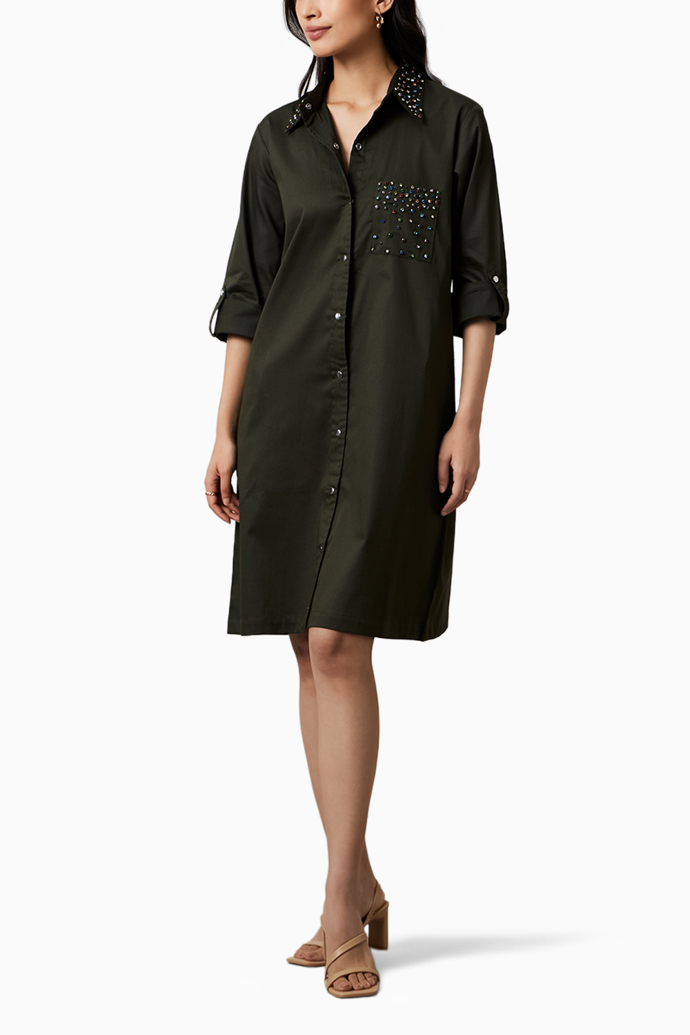 Olive Collar Pocket Swarovski Stud Shirt Dress