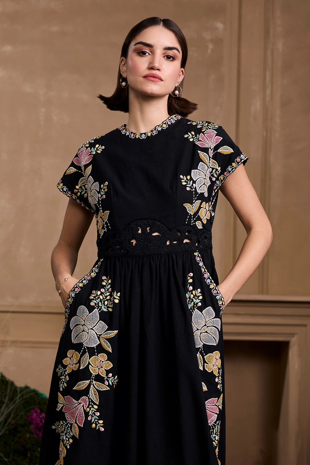 Black Floral Embroidered Midi Dress