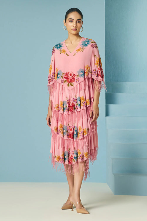 Pink Floral Beadwork Tiered Dress