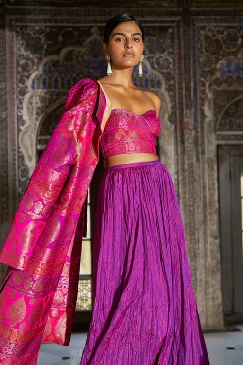 Fuschia Pink Benares Silk Brocade Bralette and Orchid Crushed Skirt