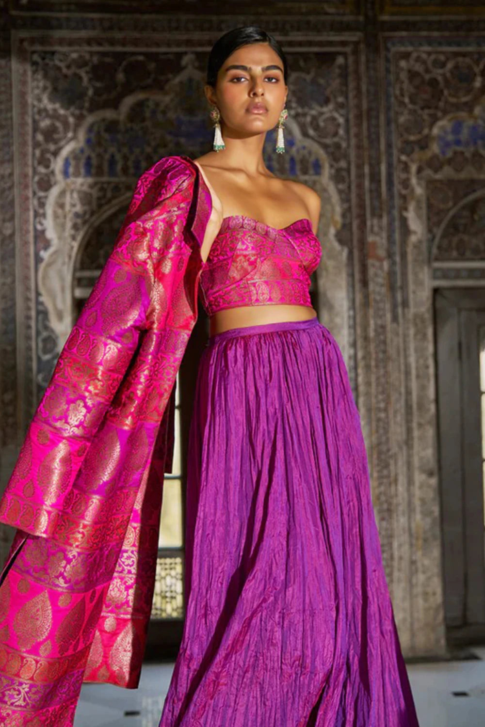 Fuschia Pink Benares Silk Brocade Bralette and Orchid Crushed Skirt