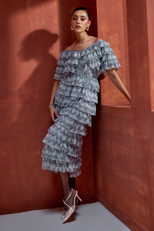 Silver Off-The-Shoulder Metallic Ruffled Midi Dress