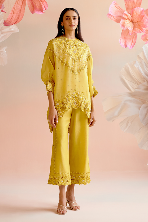 Yellow Multi Tonal Cutwork Kimono and Pant