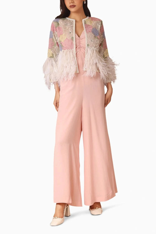 Embroidered Feather Jacket With Cropped Jumpsuit