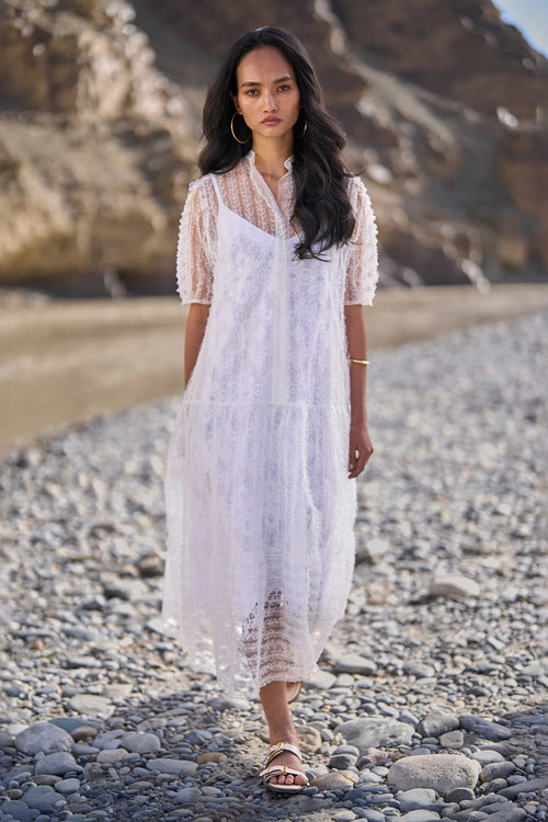 Tiered Embroidered Mesh Dress