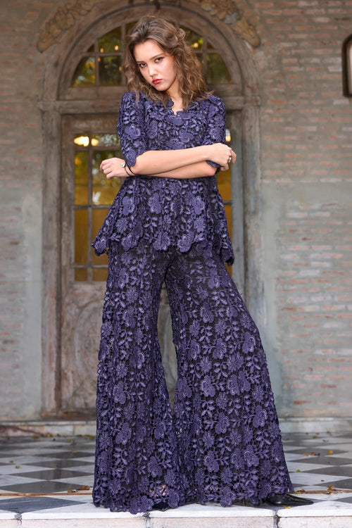 Blue Embroidered Lace Flared Pant