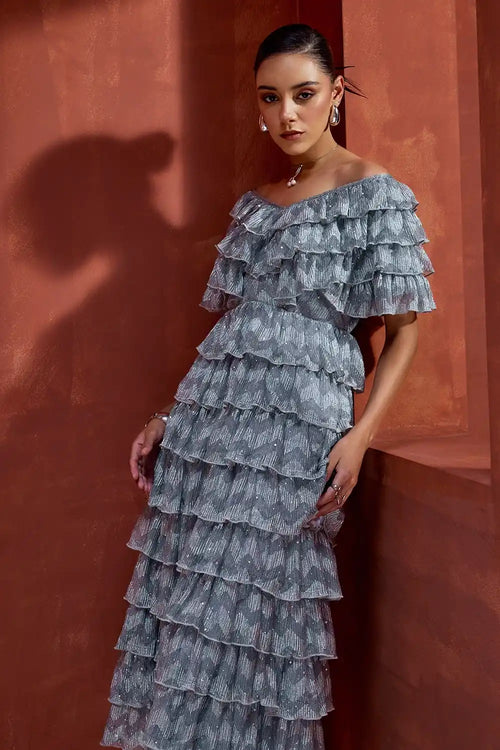 Silver Off-The-Shoulder Metallic Ruffled Midi Dress