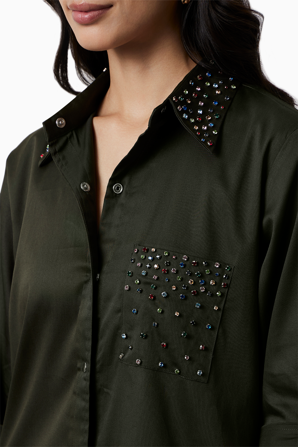 Olive Collar Pocket Swarovski Stud Shirt Dress