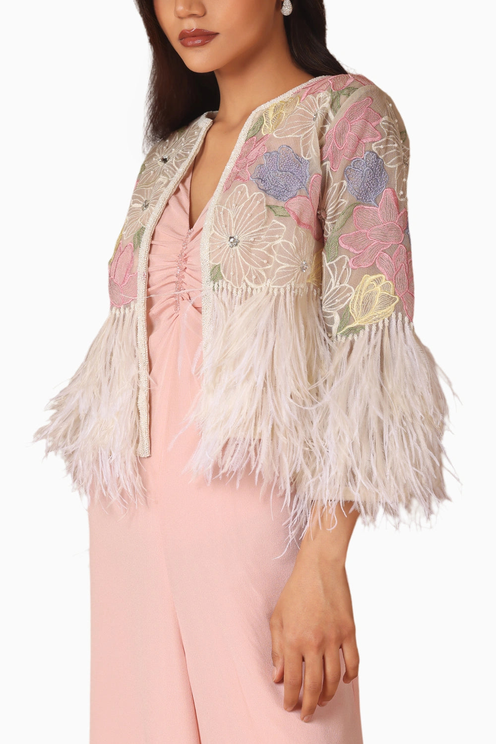 Embroidered Feather Jacket With Cropped Jumpsuit