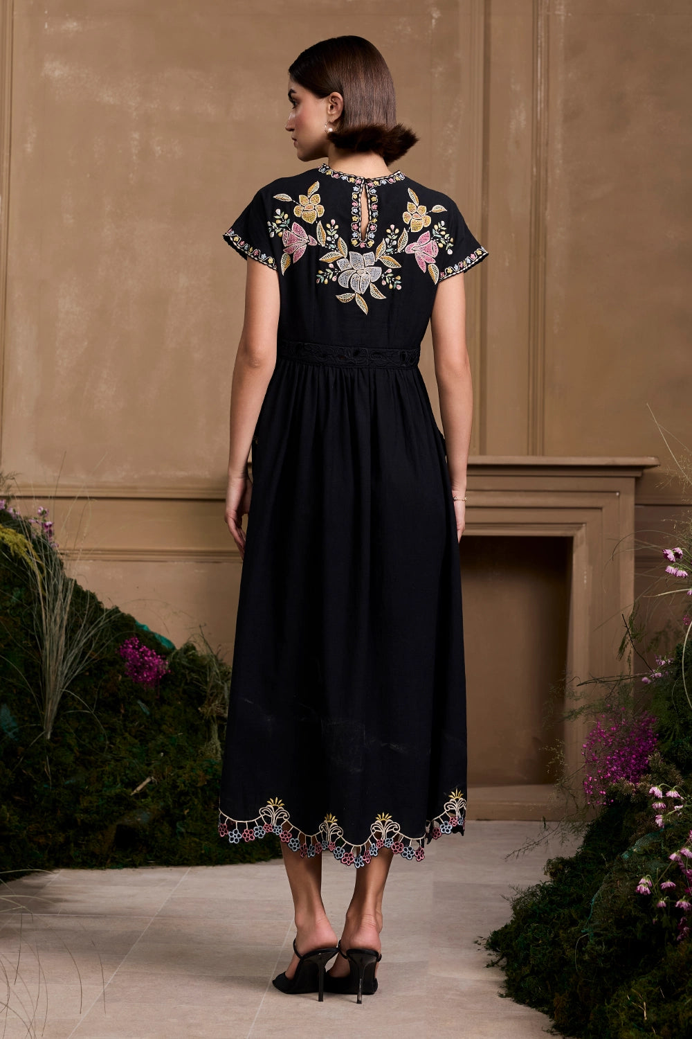 Black Floral Embroidered Midi Dress