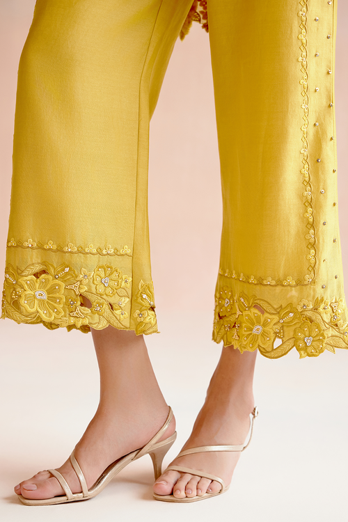 Yellow Multi Tonal Cutwork Kimono and Pant