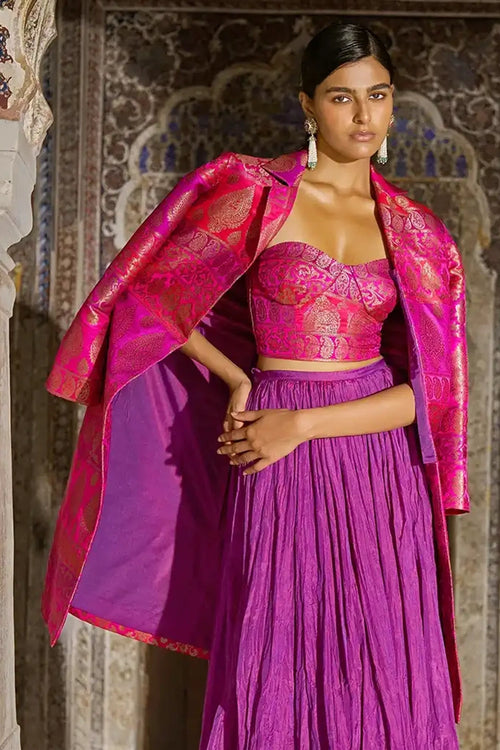 Fuchsia Pink Benares Silk Brocade Longline Jacket