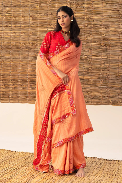 Polka Bandhani Saree With Patchwork Blouse