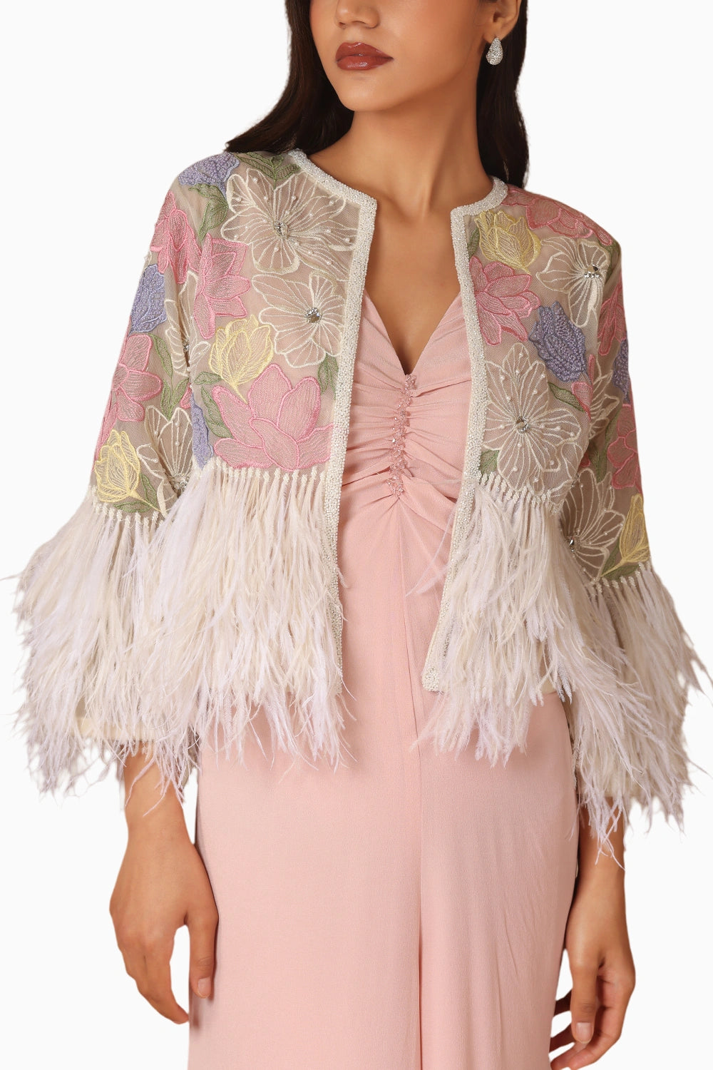 Embroidered Feather Jacket With Cropped Jumpsuit