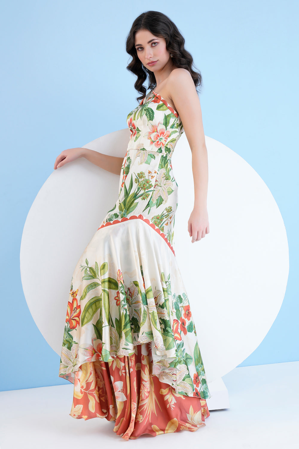 Exotic Lily Printed One Shoulder Tiered Dress