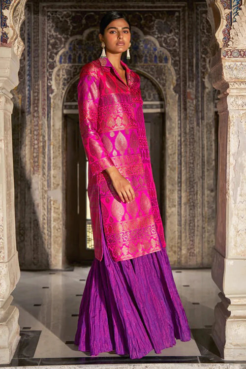 Fuschia Silk Brocade Jacket with Tissue Bralette and Orchid Crushed Skirt