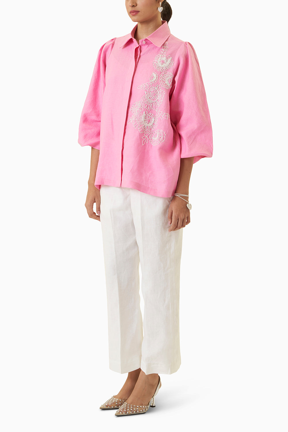 Pink Rose Embroidered Shirt