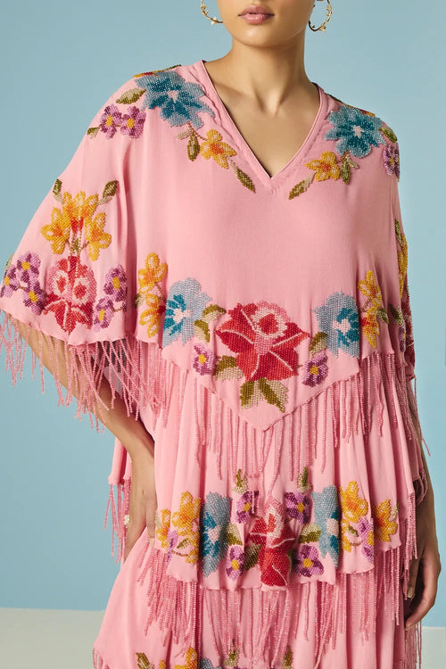 Pink Floral Beadwork Tiered Dress