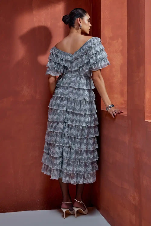 Silver Off-The-Shoulder Metallic Ruffled Midi Dress