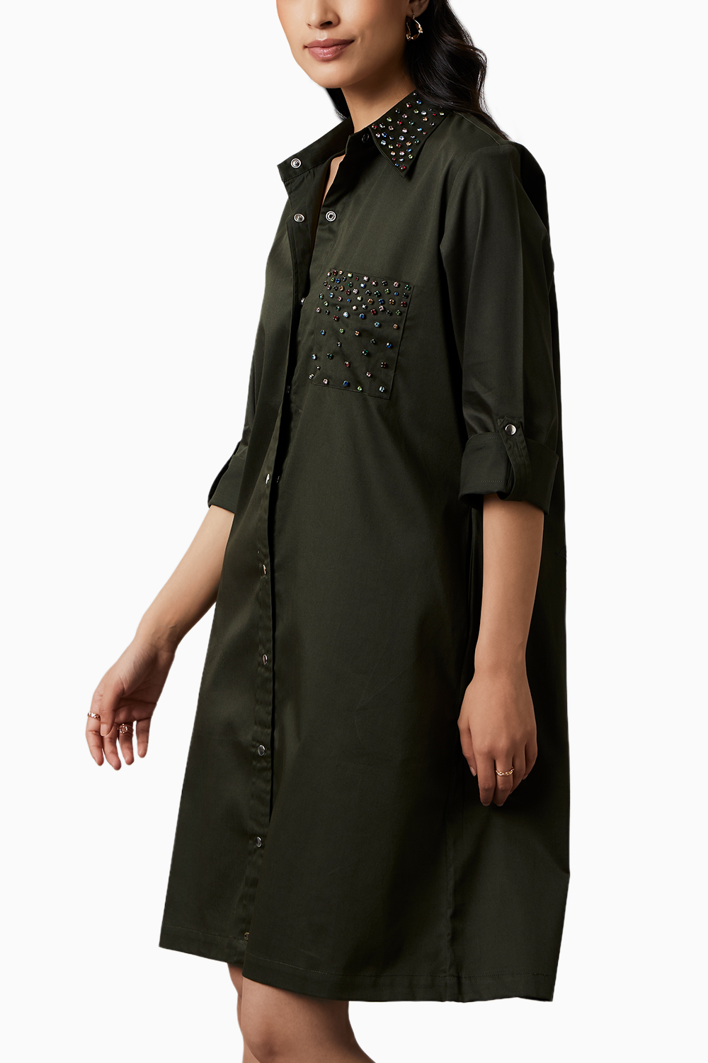 Olive Collar Pocket Swarovski Stud Shirt Dress